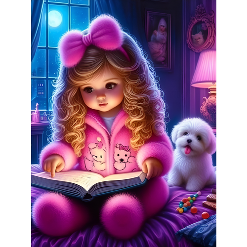 фото Алмазная мозаика на подрамнике 30x40 см. boomboomshop. "девочка в розовом читает книгу" boomboom shop