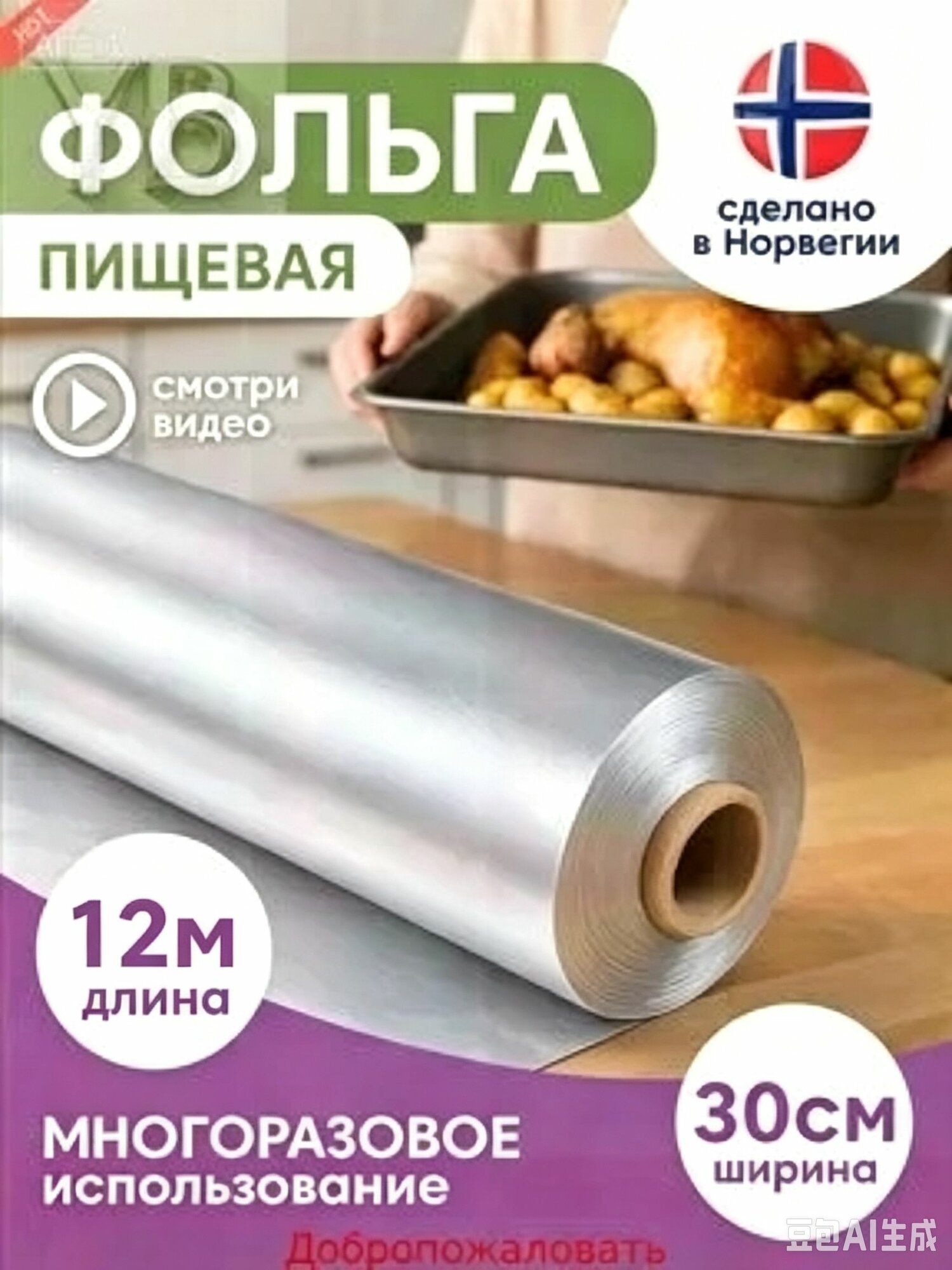 Фольга пищевая 12 м х 30 см, 11 мкм, 1 шт
