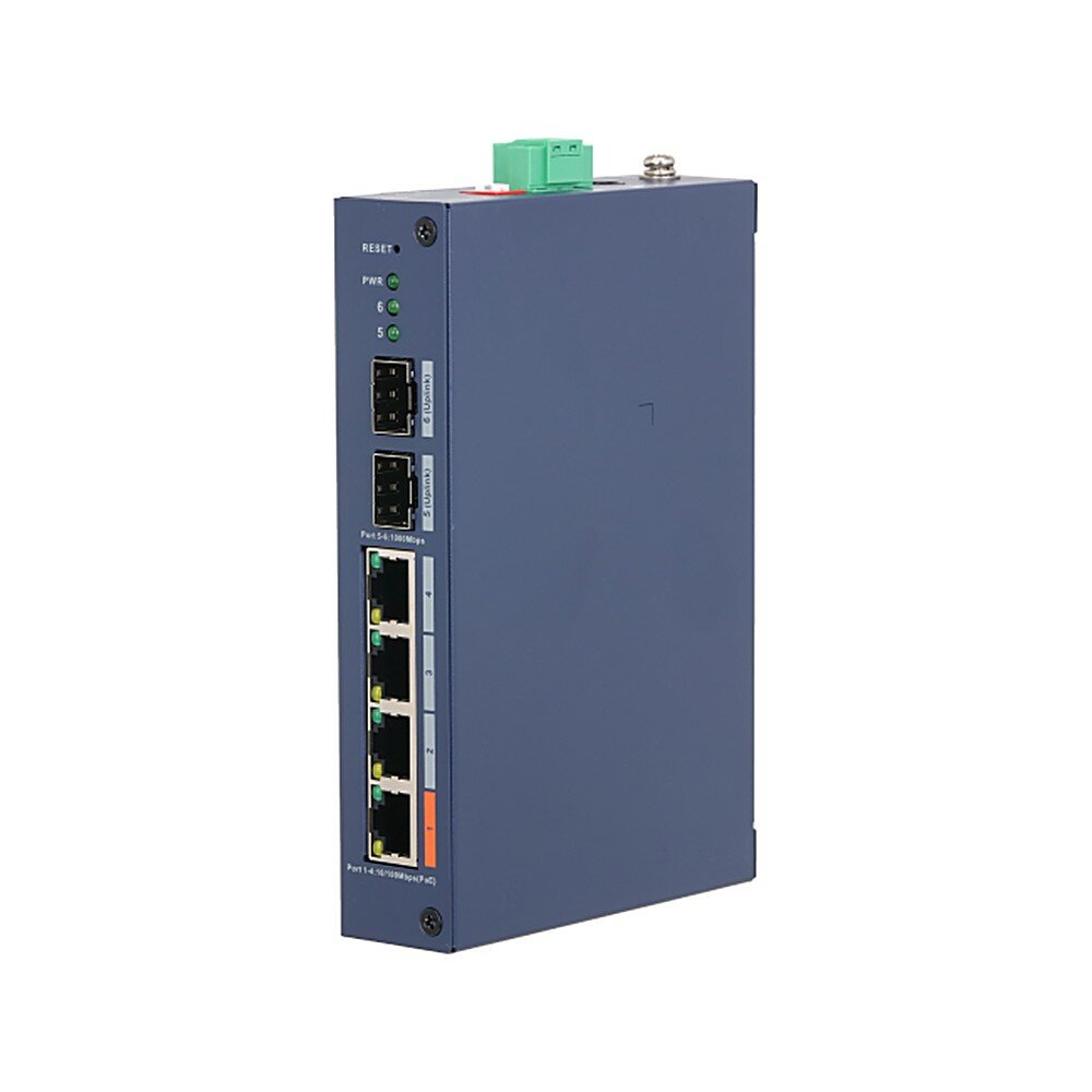 Коммутатор Dahua DH-CHS4206-4ET-60 — 4 PoE-порта, бюджет 60 Вт, 2 SFP, уровень L2, DIN-рейка