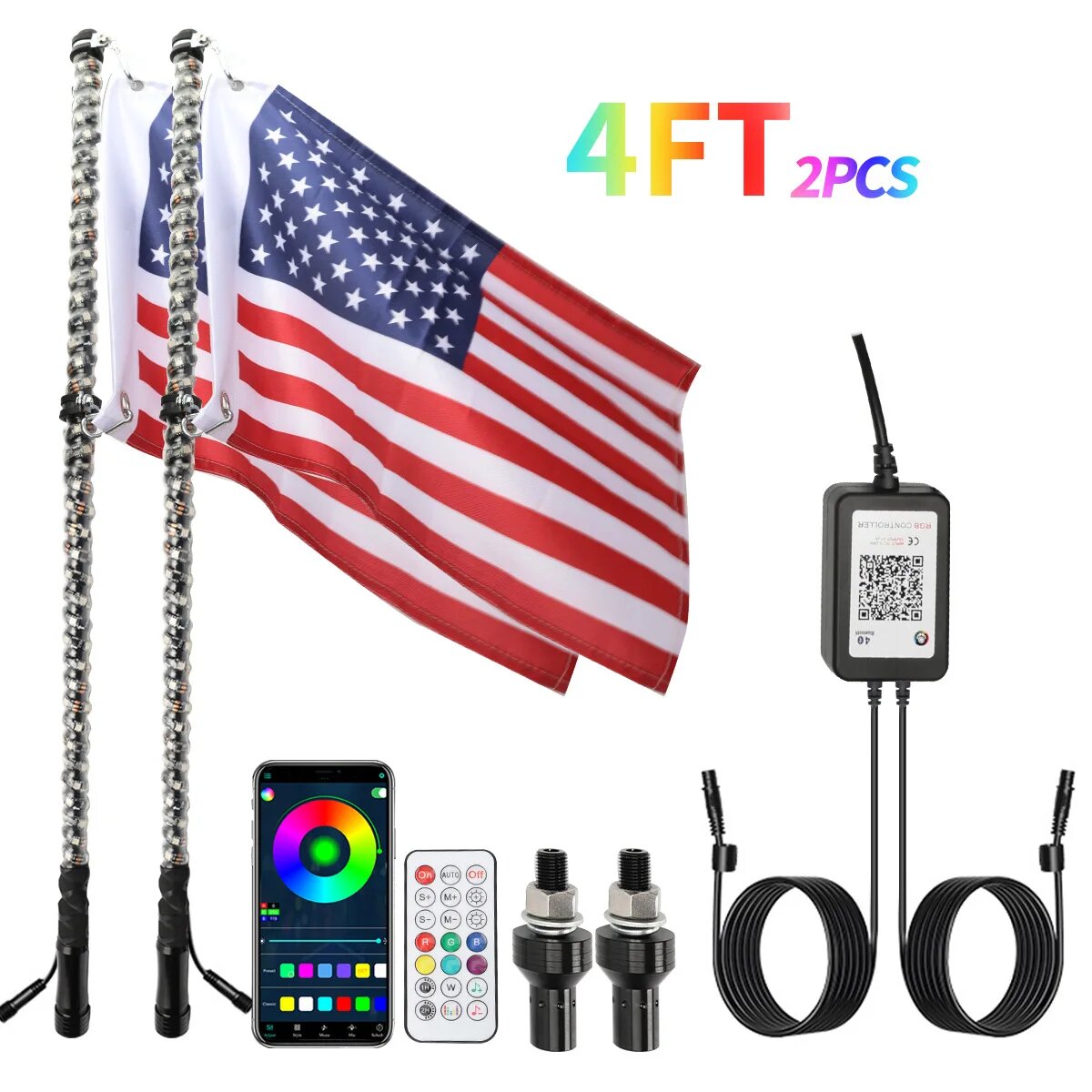 2шт RGB светодиодный кнут 4FT, APP RC