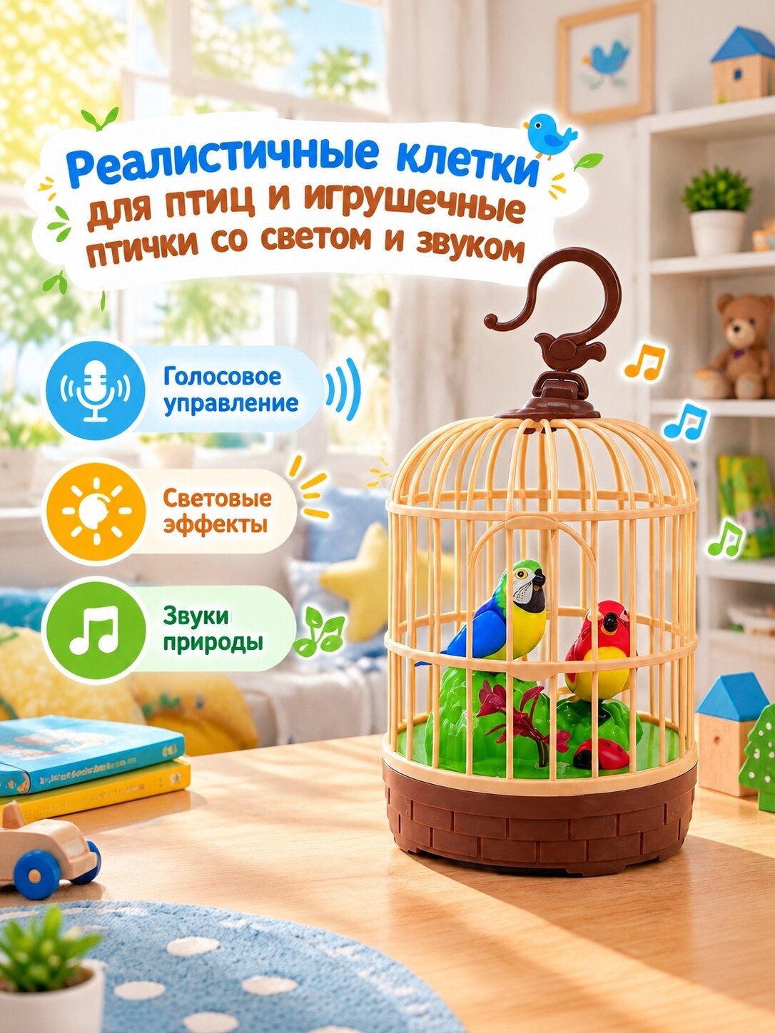 Реалистичные клетки для птиц и игрушечные птички со светом и звуком.