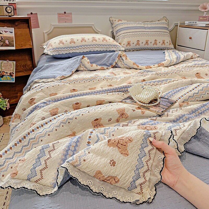 Милый мишка хлопковый комплект летнего белья 200x230см, летнее одеяло с простыней и 2 наволочками, стирка