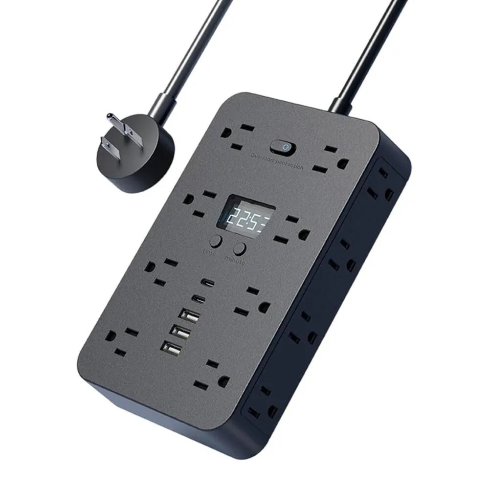 Электрическая розетка с 16 гнёздами, 3 USB и 2 разъёмами USB-C, Черный - 3.0m