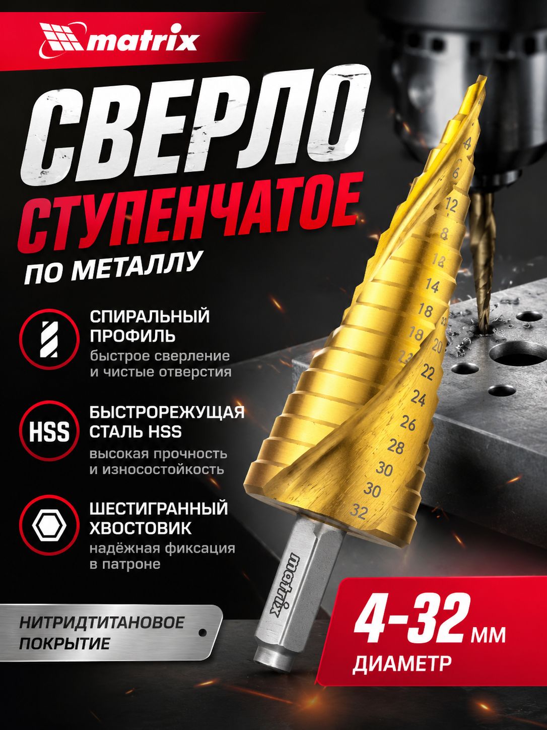 Ступенчатое сверло по металлу Matrix 4-32 мм, быстрорежущая сталь HSS с нитридтитановым покрытием, спиральное
