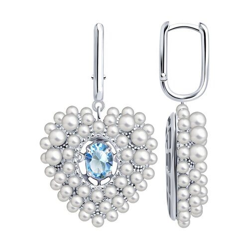 фото Серьги diamant online, серебро, 925 проба, родирование, жемчуг, фианит, длина 3.7 см, , голубой, белый