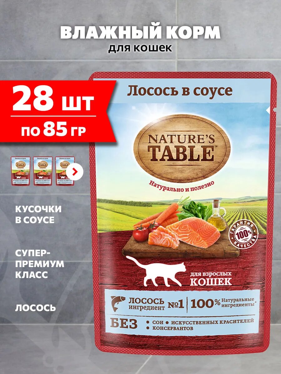 Корм влажный Nature's Table для взрослых кошек, лосось в соусе, 85 г 28 шт