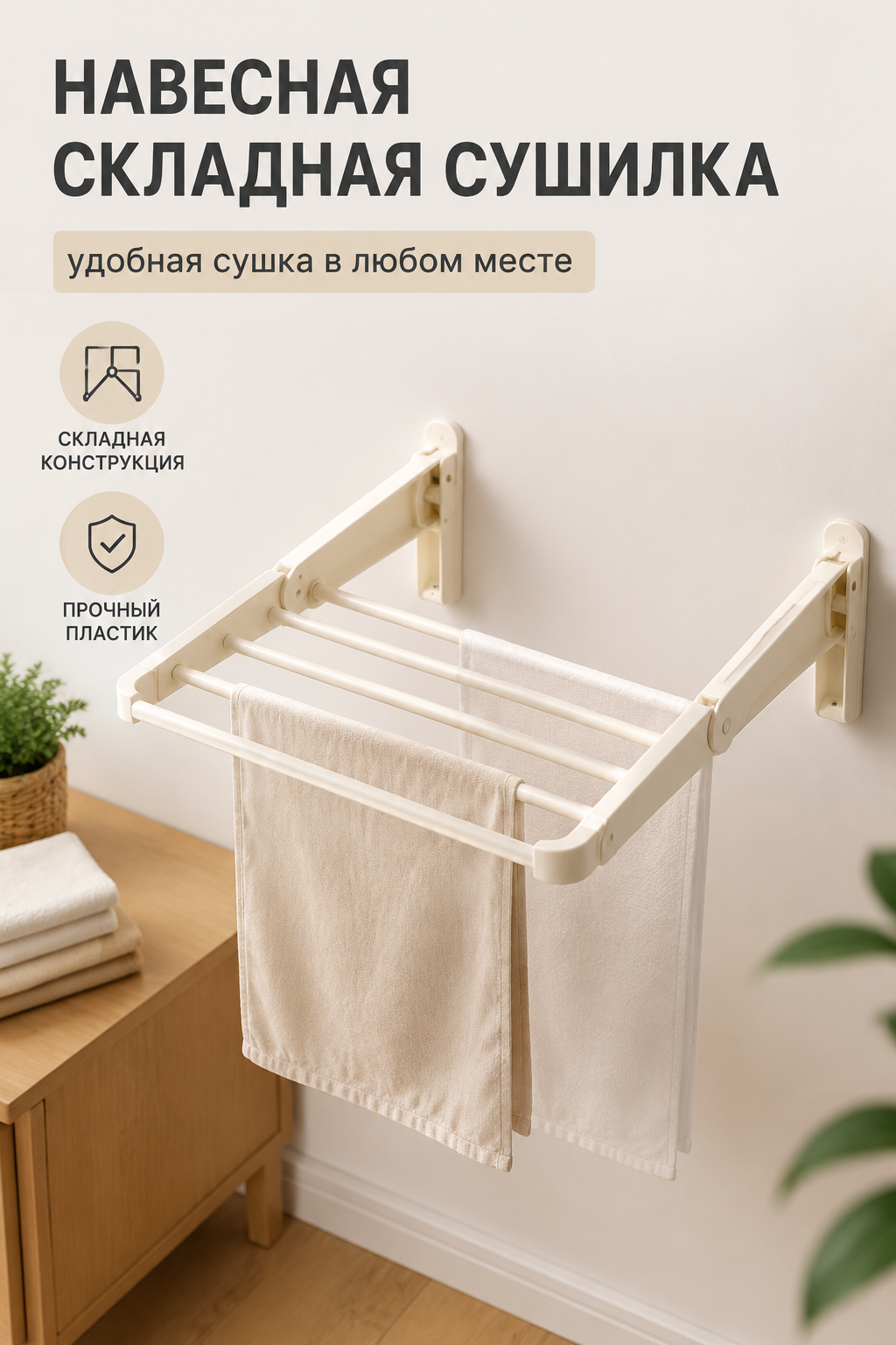 Навесная складная сушилка для белья, пластик, 1 ряд, слоновая кость