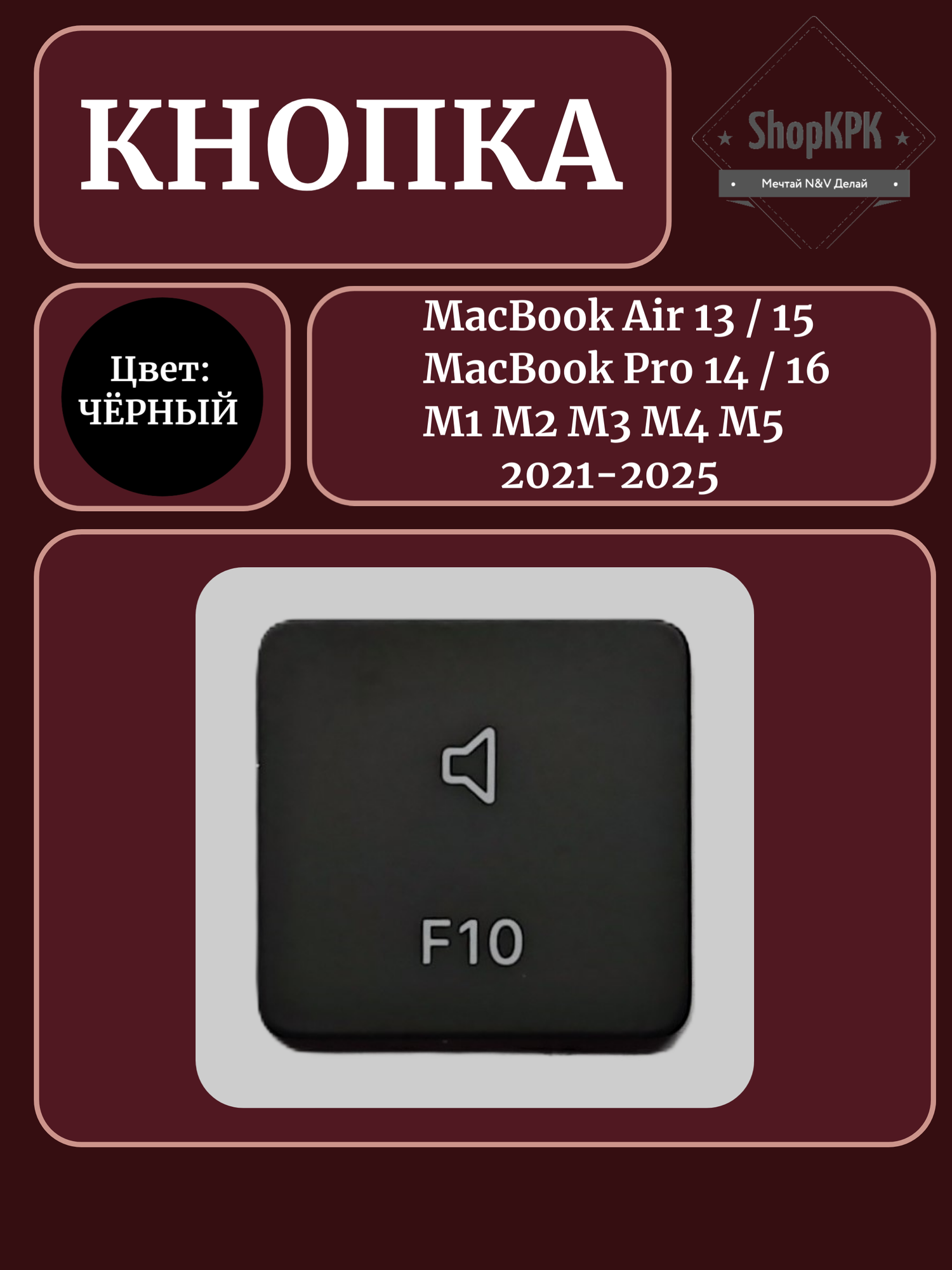 Клавиша, кнопка "F10" для MacBook Air / MacBook Pro M1 M2 M3 M4 2021-2025, UK/US, черный