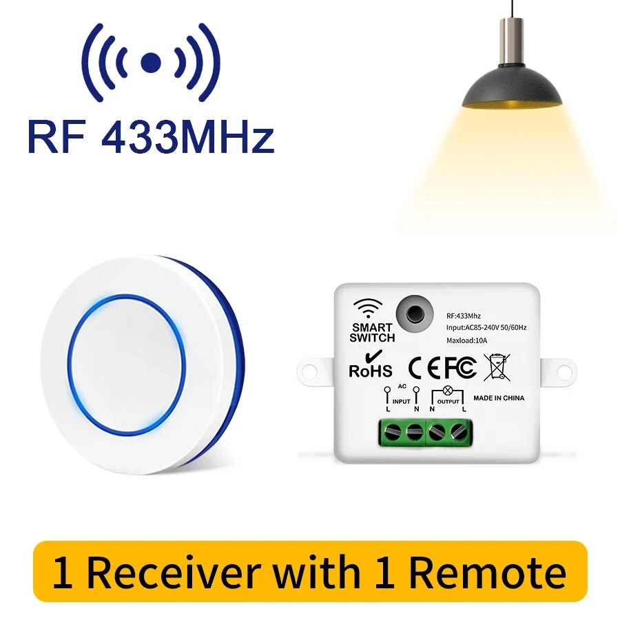 Беспроводной выключатель света RF 433 МГц для LED лампы 1 Receiver 1 Remote