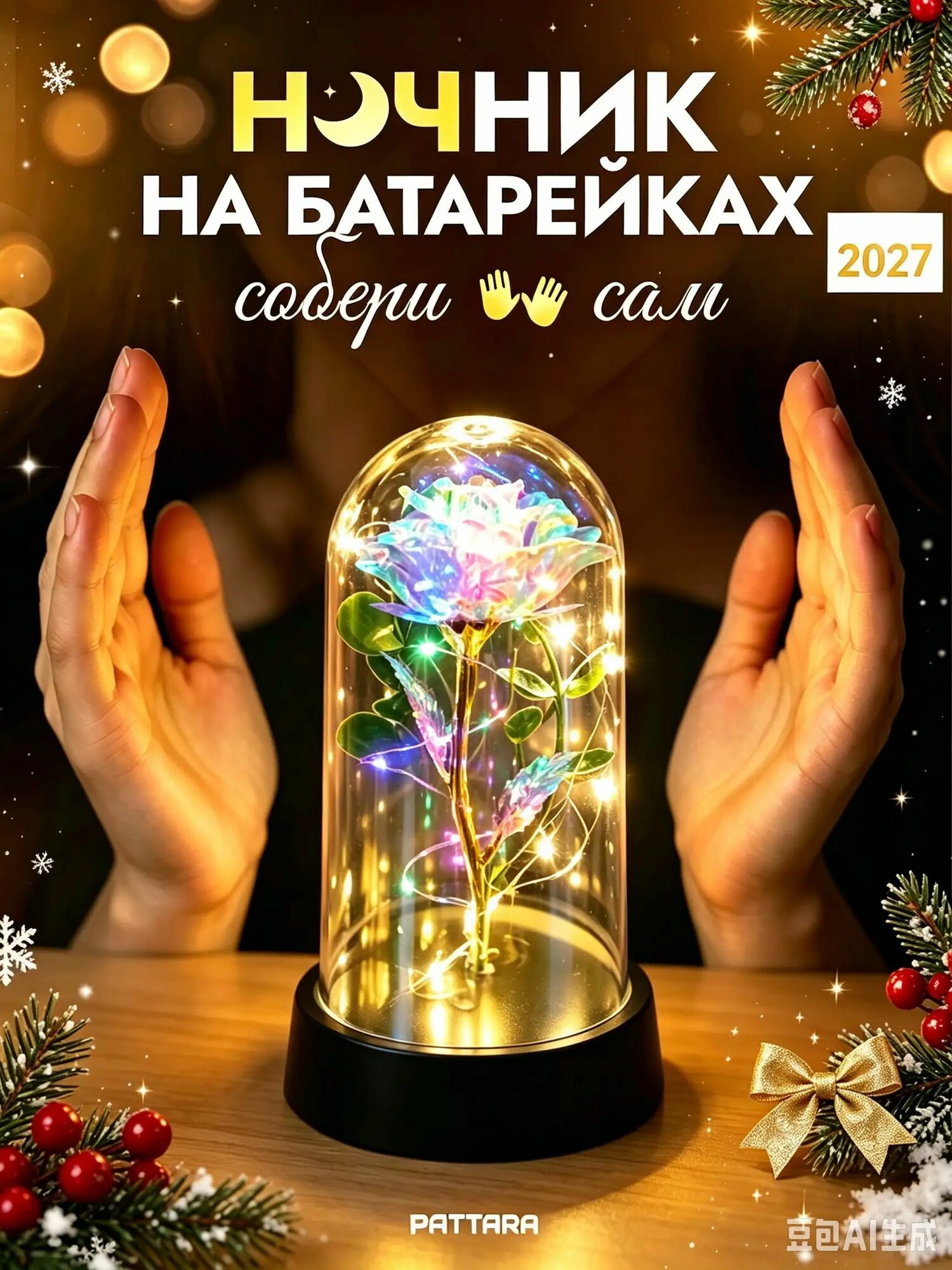 Ночник светильник на батарейках настольный, Тюльпаны в колбе, конструктор - собери сам, 1 тюльпанов