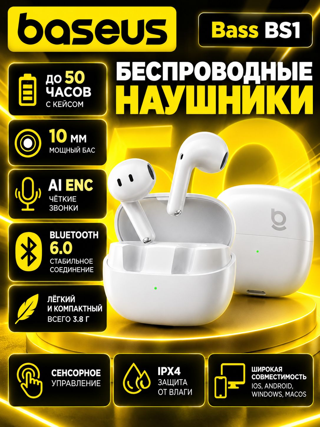 Беспроводные наушники Baseus Bass BS1, шумоподавление, 50 часов работы, IP55/Белые