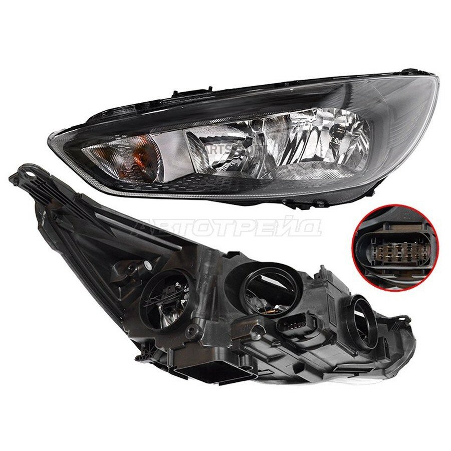 Фара Ford Focus 14-19 (Слева/ Галоген/ С электрокорректором/ Чёрная) от официального дистрибьютора, SAT, артикул ST43111C9LMLEMD2