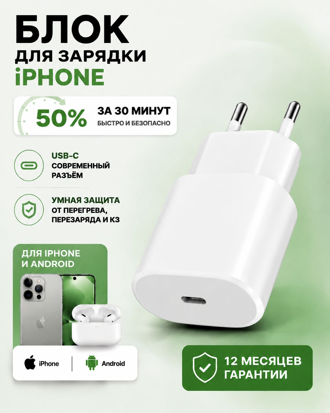 Блок питания Type C 30W / Блoк для зарядки iPhone и Android / Зарядное устройство Type C