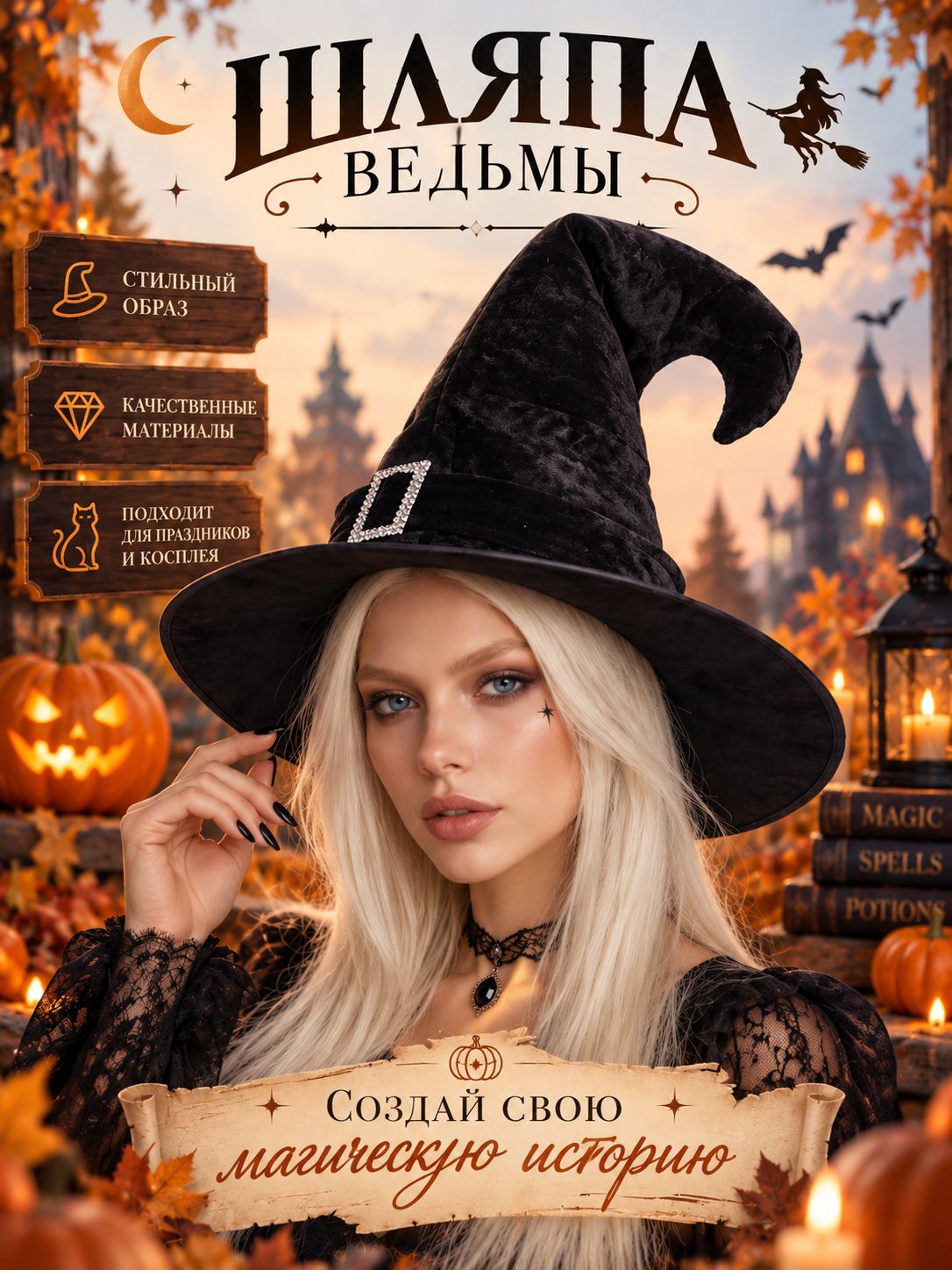 Шляпа ведьмы карнавальная, хэллоуин, 35 см