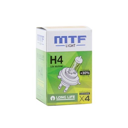 Лампа автомобильная галогеновая H4 MTF LONG LIFE x4 +30% яркость 12V 60/55W P43t-38 HS1204