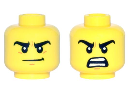 Деталь Lego 3626pb1509 Minifigure, Head Dual Sided Thick Black Eyebrows, Medium Nougat Chin Dimple, Determined Smirk / Open Mouth Scowl with Teeth Parted Pattern