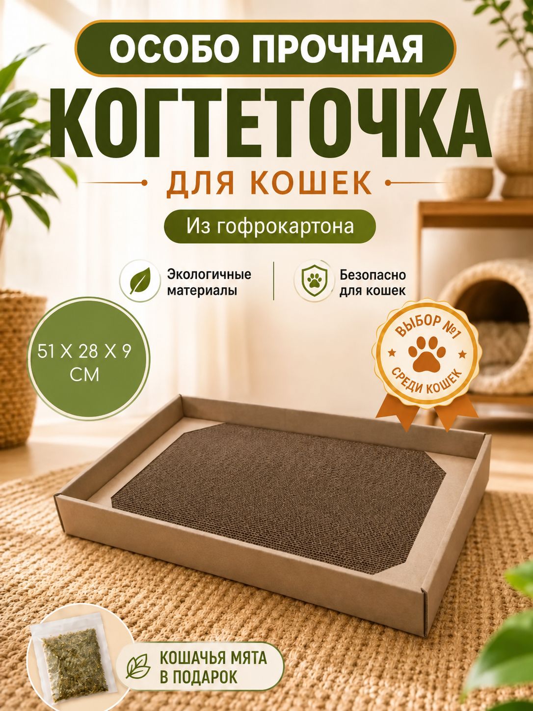 Когтеточка для кошек картонная с кошачьей мятой, напольная лежанка для котов, когтедралка