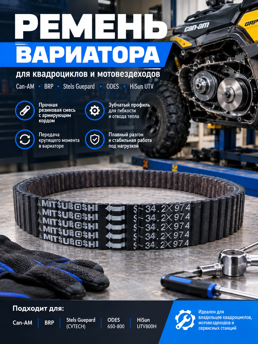 Ремень вариатора 34.2x974 зубчатый для квадроциклов Can-AM, BRP, Stels Guepard, ODES, HiSun UTV