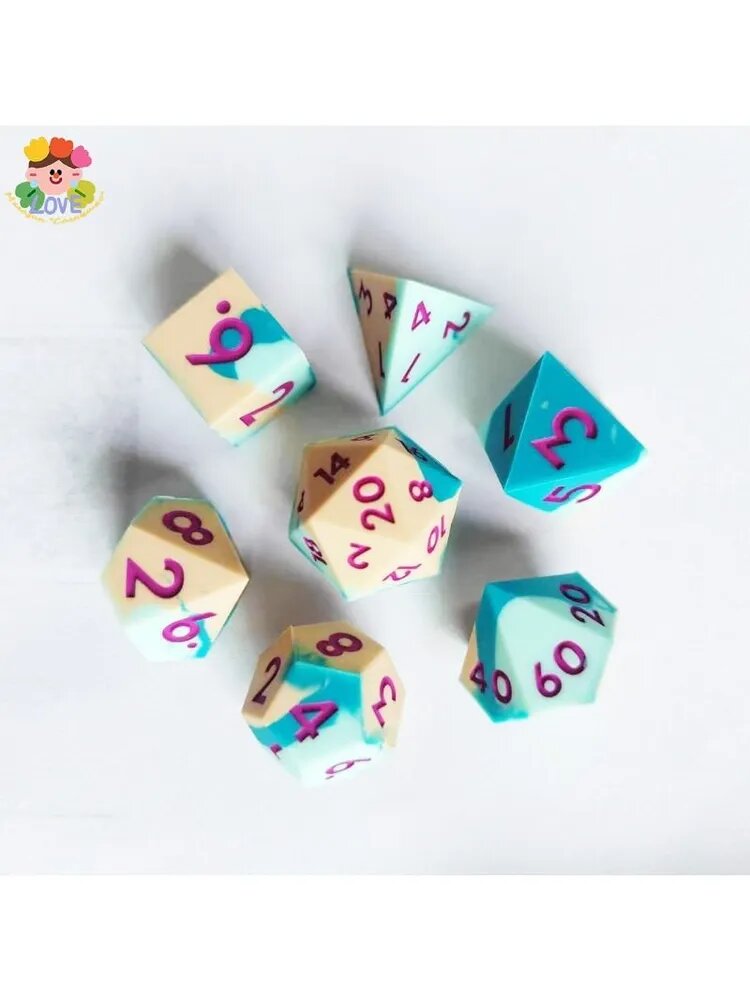 Игральные кости силиконовые / мягкие кубики для DnD / набор 7 шт (D20-D4) / разноцветные дайсы для COC и ролевых игр