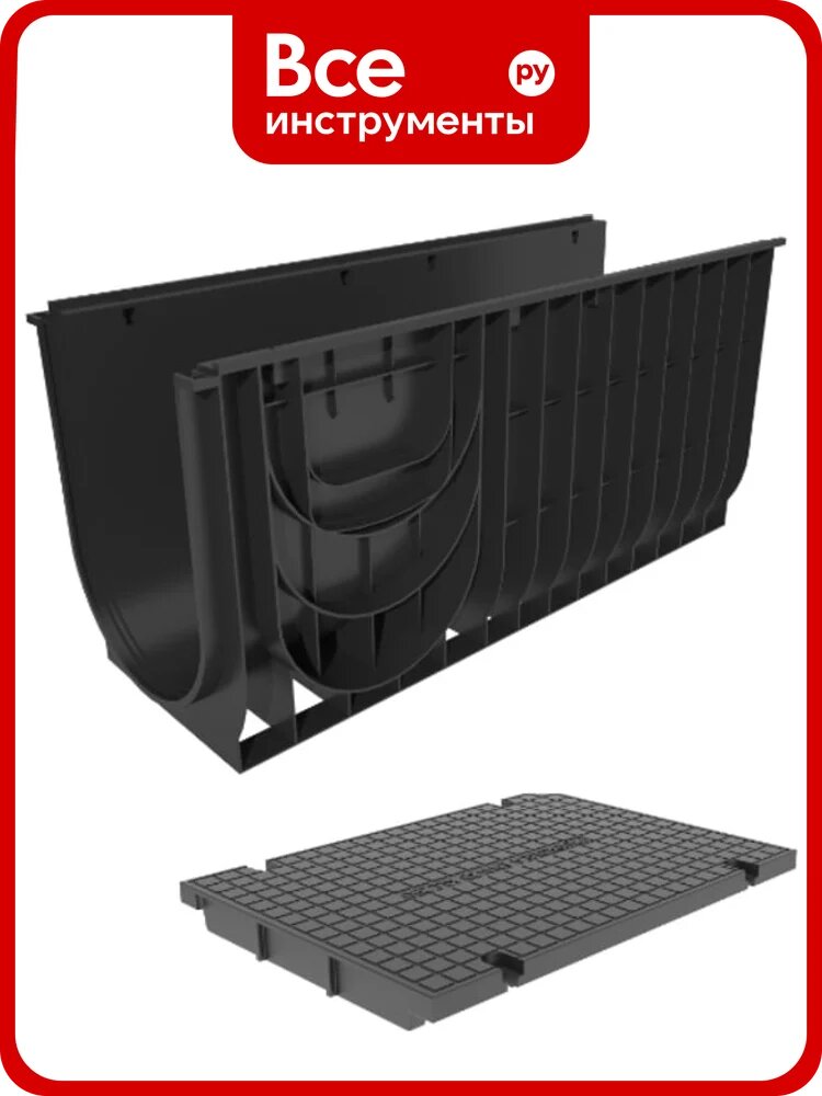 Пластиковый лоток Gidrolica pro dn300 h480 мм с пластиковой глухой крышкой и крепежом класс c250 834536