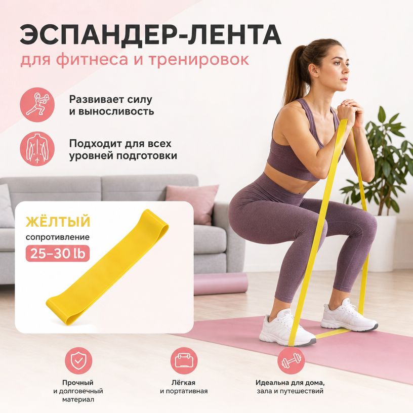 Лента для растяжки йога фитнес 600x50 мм желтая эспандер резиновая для начинающих домашних тренировок