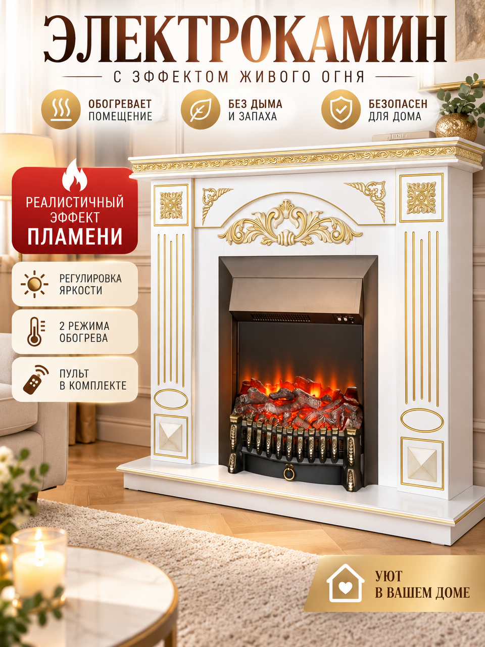 Электрический камин Cold fire Lantana белый патина золото с очагом Fobos s Lux Black