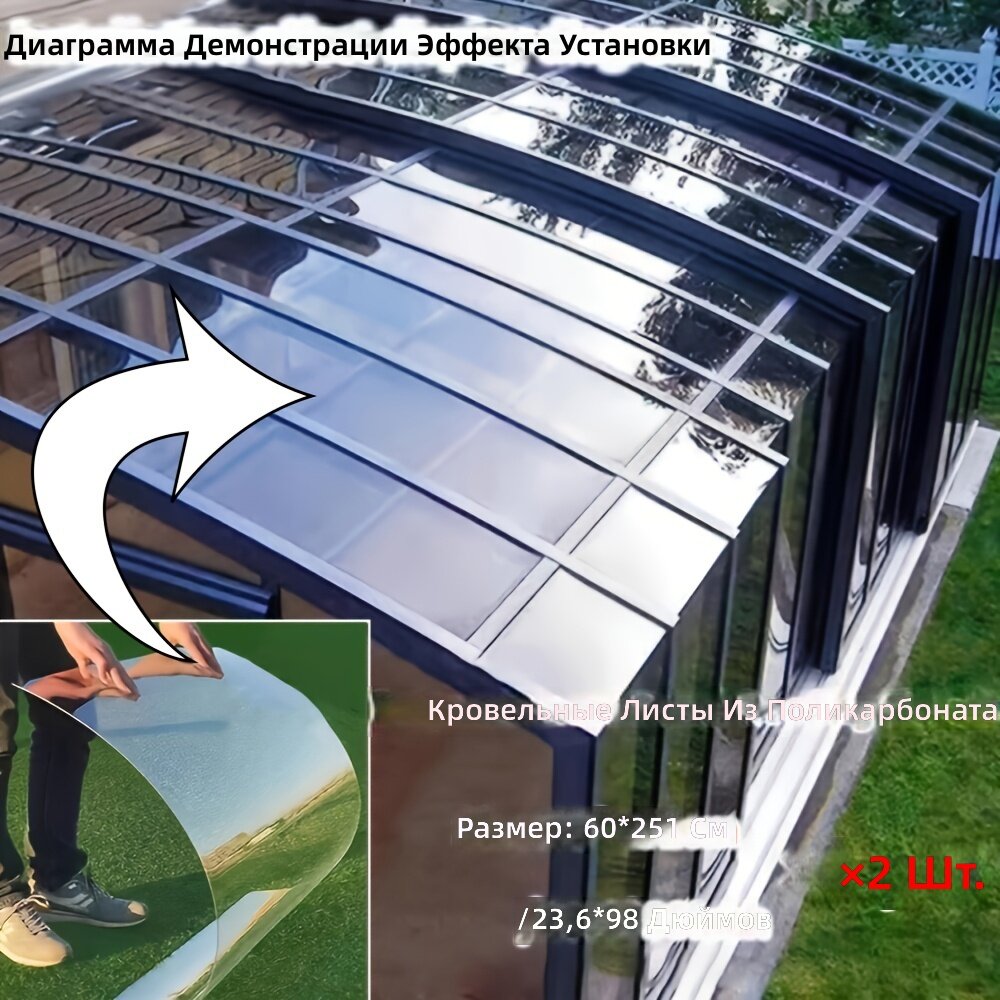Поликарбонатные прозрачные панели для теплиц, сараев, террас и балконов, УФ-стойкие и водонепроницаемые, крепление на клей или саморезы, комплект 2 шт.