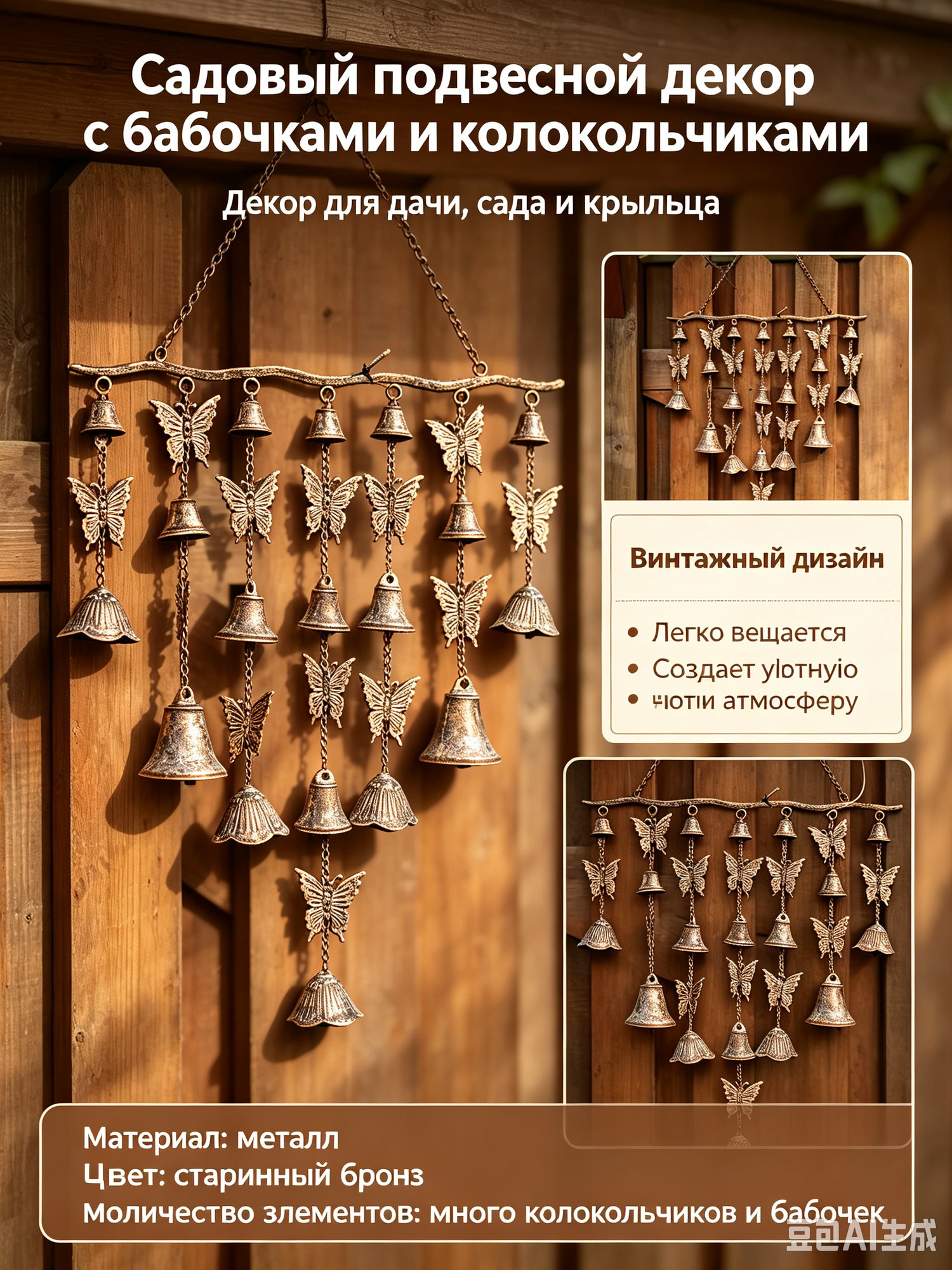Чугунные ретро-подвесные ветряные колокольчики украшают садовый дворик