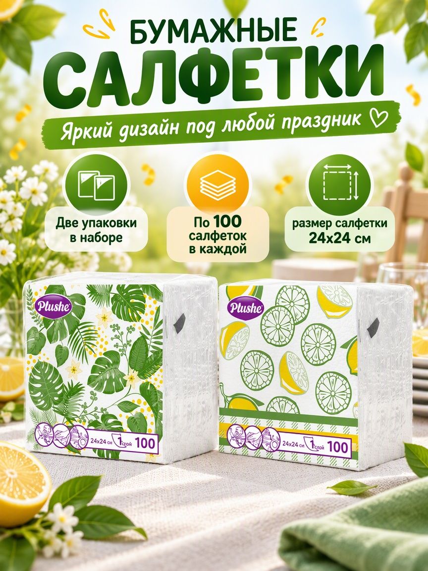 Салфетки Plushe, 1-слойные, зелен 24*24см, 100 листов * 2 упак