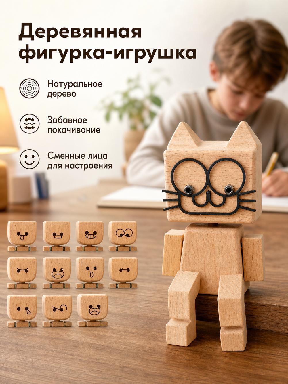Деревянная фигурка-антистресс Панда 8 см со сменными эмоциями (Модель А), декор для автомобиля и стола