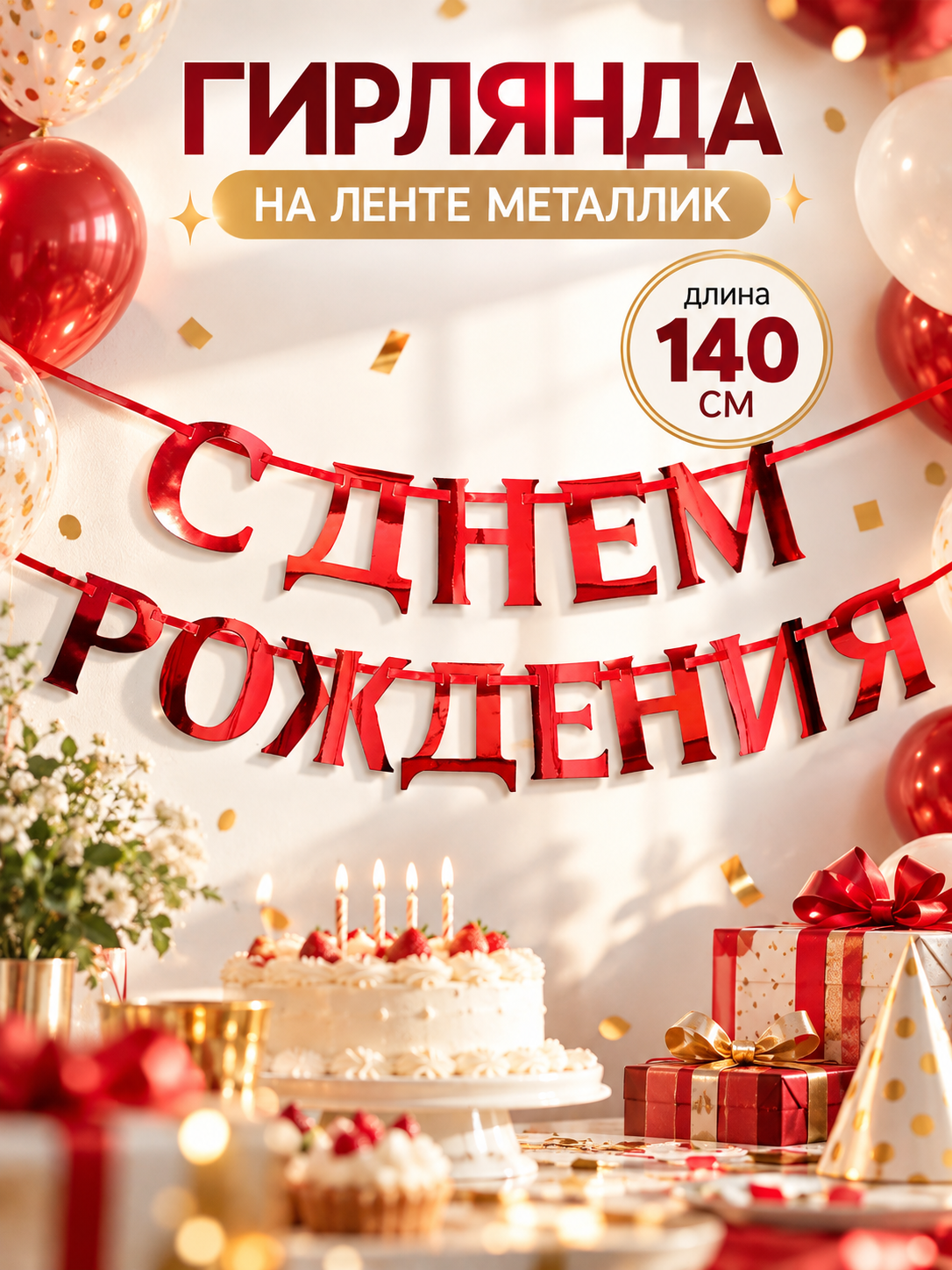 Гирлянда на ленте, металлик "С ДР" красный, дл. 140 см, 250 гр/кв. м