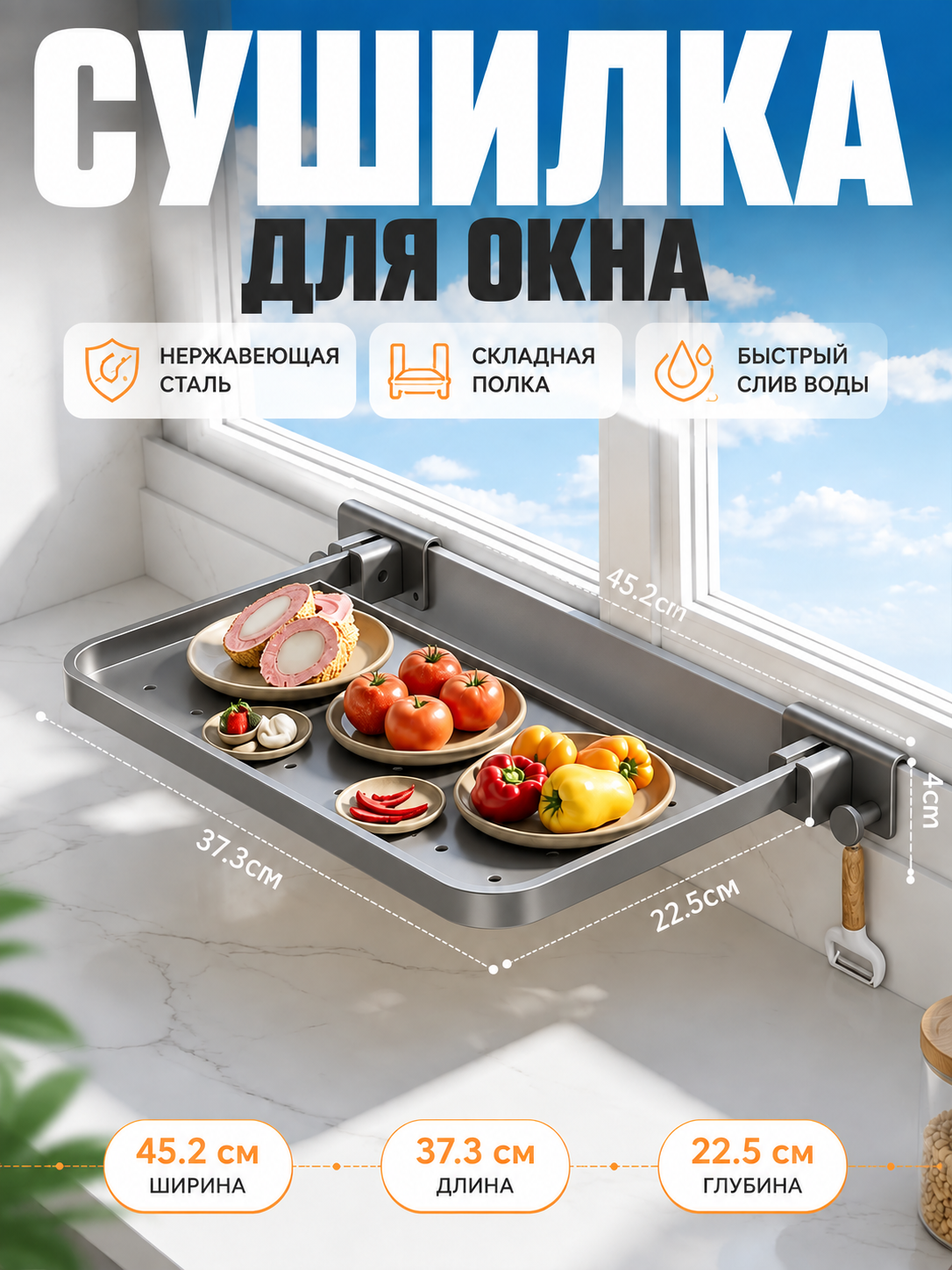 Оконная сушилка, складная модель для установки на окно на кухне, прочная конструкция из металла, подходит для сушки