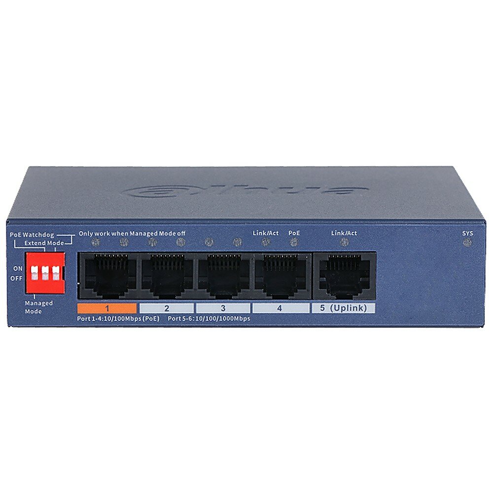 Коммутатор Dahua DH-CS4005-4ET1GT-60 — 4 порта PoE, 1 порт Gigabit, 60 Вт PoE бюджет