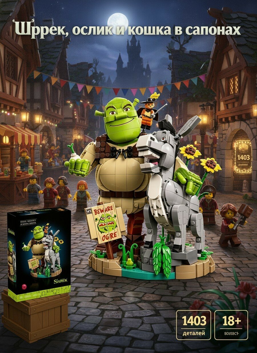 Конструктор Шрек, Осёл и Кот в сапогах 1403 деталей совместим с Shrek 72423, Пластиковые детали, Для детей