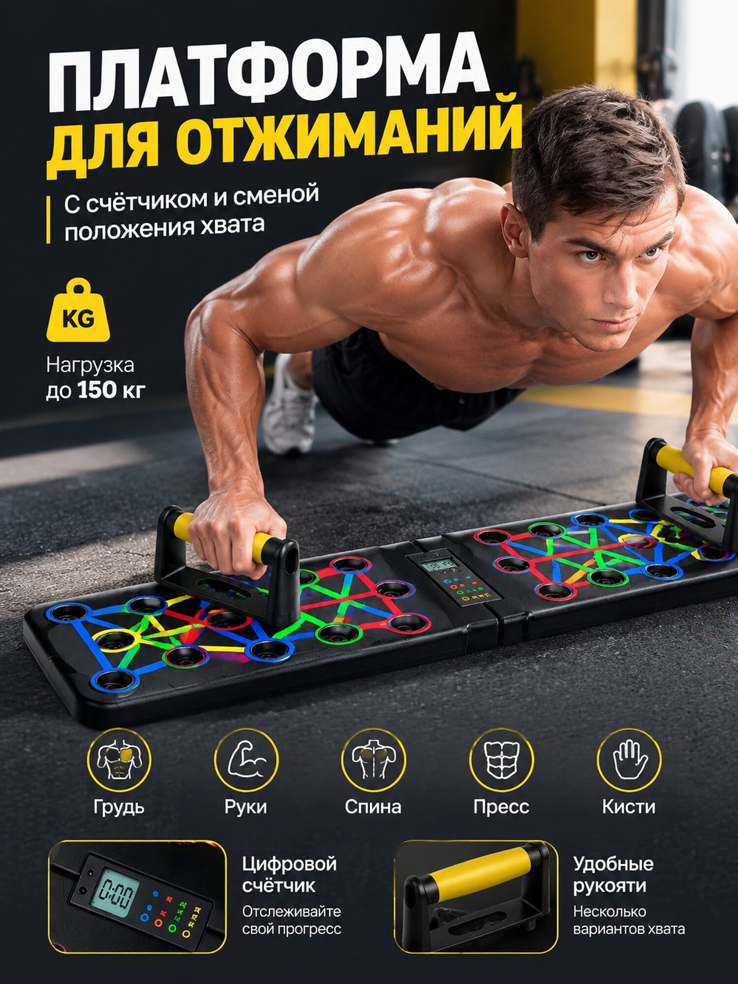 Платформа для отжиманий со счётчиком и сменой положения хвата, нагрузка до 150 кг