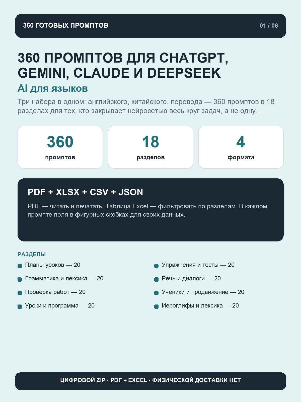 AI для языков: 360 промптов для ChatGPT, Gemini, Claude и DeepSeek, цифровой ZIP PDF и Excel