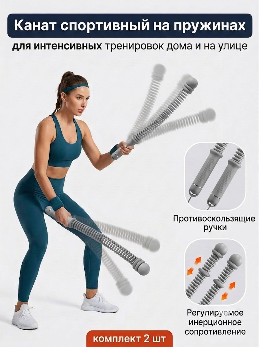 Безверевочный канат для кроссфита и функционального тренинга / Тренажер с инерционным сопротивлением / Тренажер-канат для тренировок, с утяжелителями для изменения нагрузки, серый, 2 шт