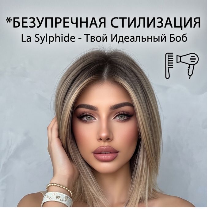 Парик женский полный, стрижка боб на средний пробор, омбре коричневый, короткий, для модного образа_светло-бежевый