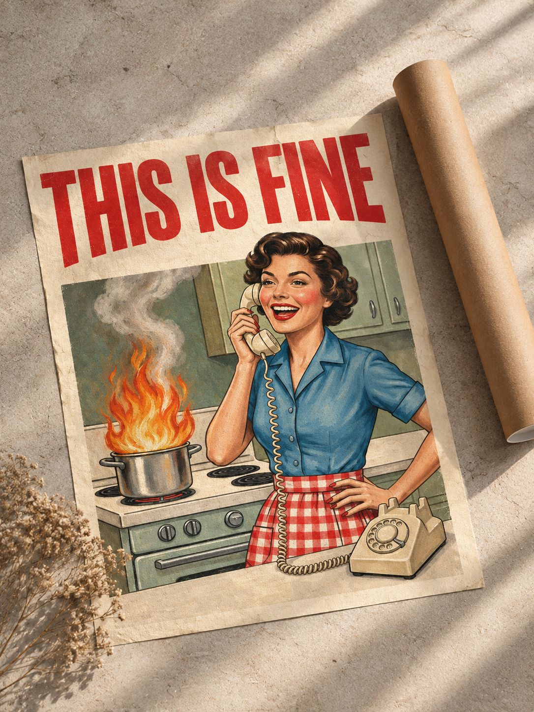 Постера This Is Fine - женщина с телефоном на фоне пожара- без рамы, размер A3