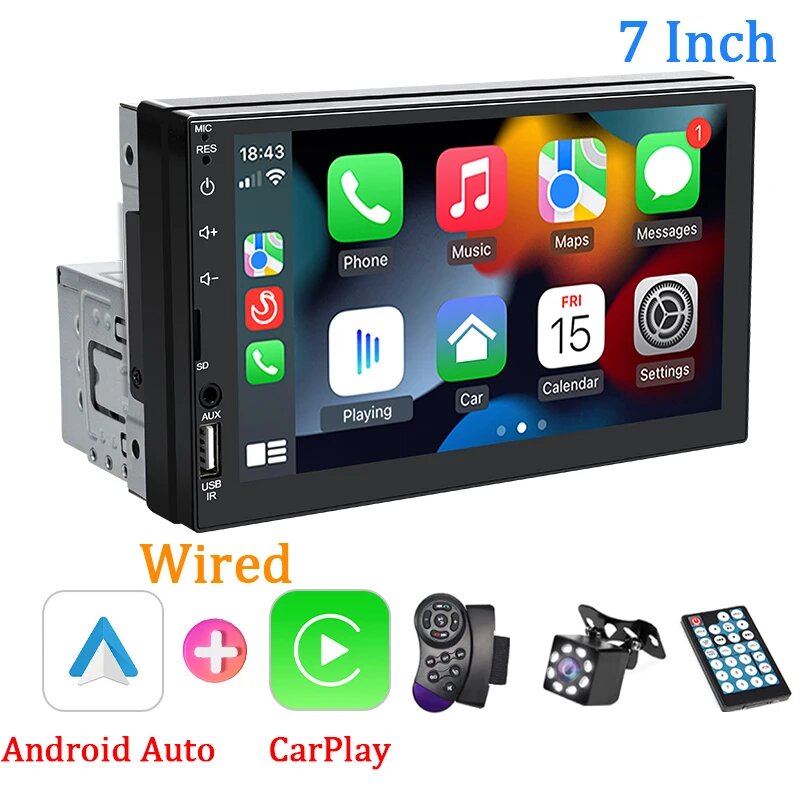 7-дюймовая 1-DIN Автомагнитола С CarPlay, Android Auto, HD Сенсорным Экраном, Control and Camera
