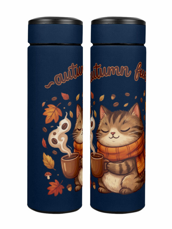 Термос «Cat: Полосатый кот с кофе в оранжевом шарфе» (темно-синий)