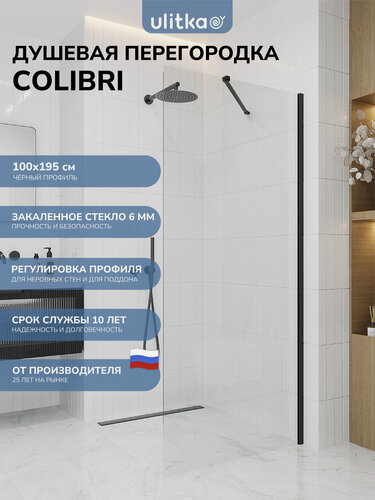 Изображение товара Душевая перегородка 100х195 см. Ulitka Colibri закаленное стекло 6 мм, черный профиль