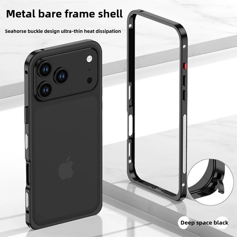 Металлическая рамка для iPhone 17 ProMax, чехол с пряжкой «Морской конек», рамка с металлическим кольцом для объектива, чехол с рассеиванием тепла для iPhone 16 15 Pro