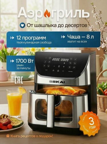 Изображение товара Аэрогриль SEKAI, мощность 1700Вт, 12 программ, 8л, антипригарное покрытие, окошко с подсветкой