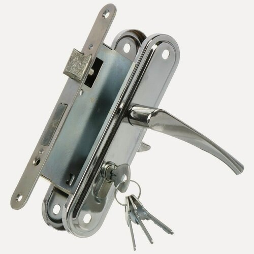 Изображение товара Замок врезной Омега ЗВ7 с ручкой, цилиндровый, цвет хром, межосевое расстояние 55 мм, 4 ключа в комплекте, производство Россия