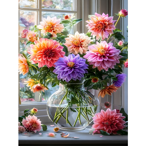 фото Алмазная мозаика на подрамнике 40x50 см. boomboomshop "букет разноцветных георгин" boomboom shop