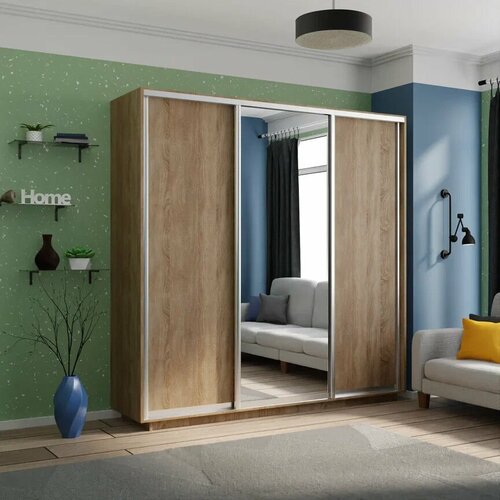 Шкаф-купе,210x60x220,(ШxГxВ), Экспресс, 3дверный, ДСП, Сонома, ДСП/Зеркало/ДСП