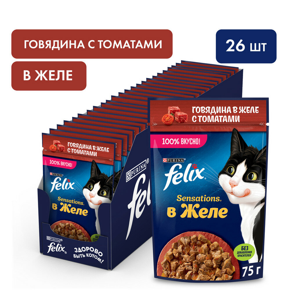 Felix Sensations 75 г пауч влажный корм для кошек, с говядиной в желе с томатами х26 штук