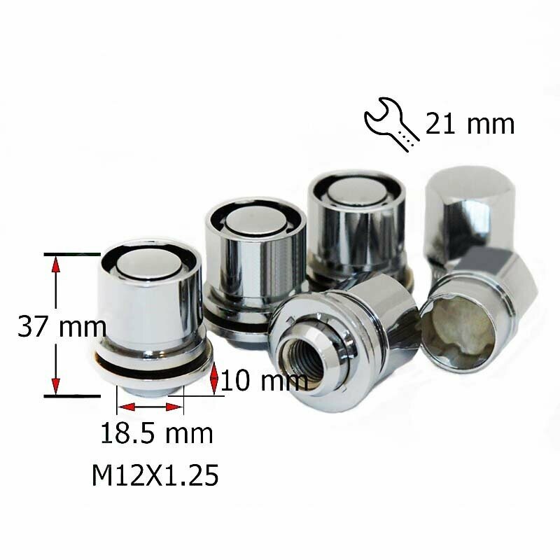 фото Секретки гайки на колеса автомобиля/Комплект секретных гаек, М12X1,25 37мм Пресс, носик 18,5мм вращ. 2 кл 19;21 Хром