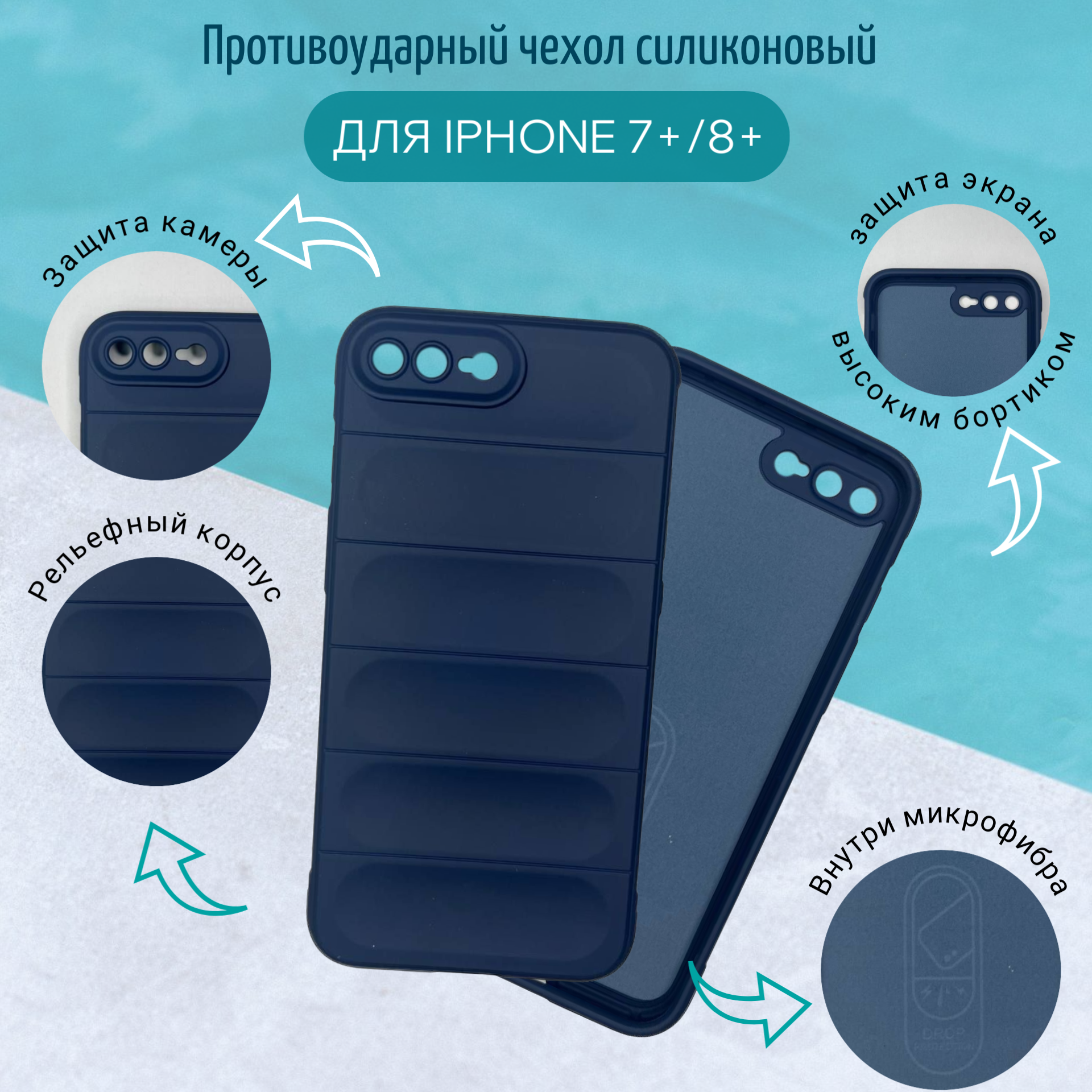 Чехол для iPhone 7 Plus 8 Plus айфон 7+ 8+ противоударный с высоким бортом синий
